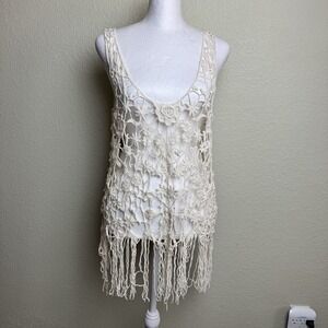 Rosette by Be Cool Women's Top Sleeveless Lace Crochet Ecru Size M/L NWT Tassels